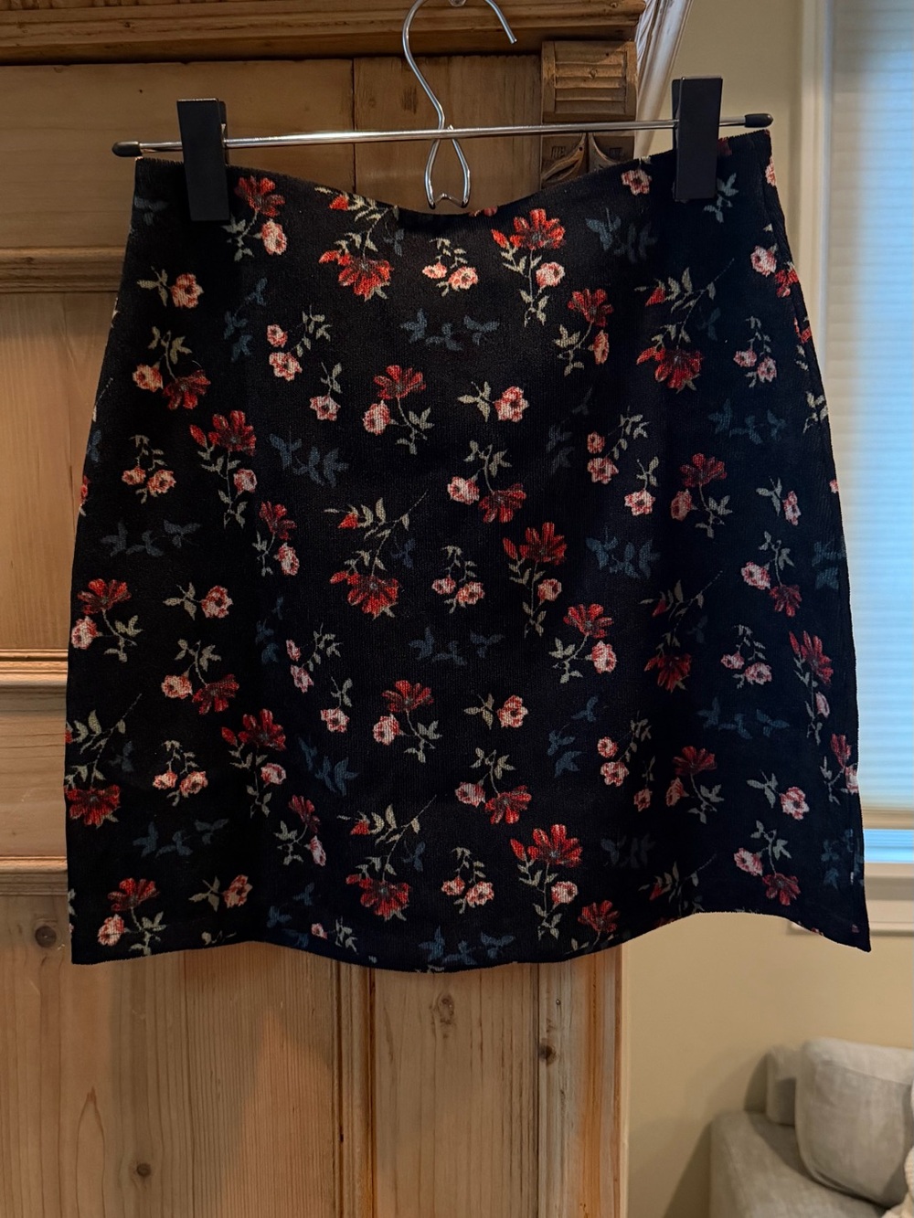 Floral Black A-Line Mini Skirt - Black with Red & Pink Flowers